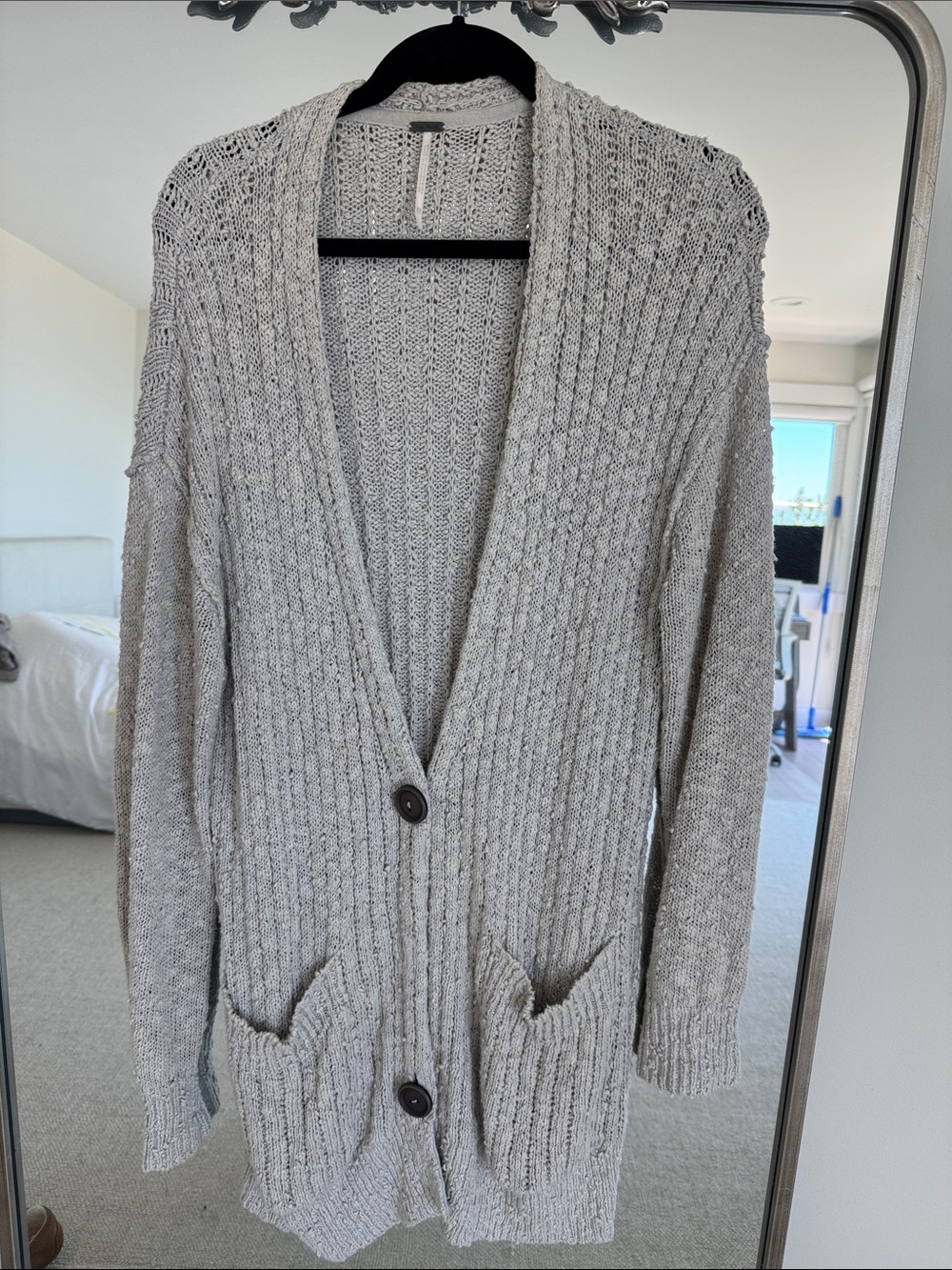 Free People Light Gray Open-Knit Button Cardigan